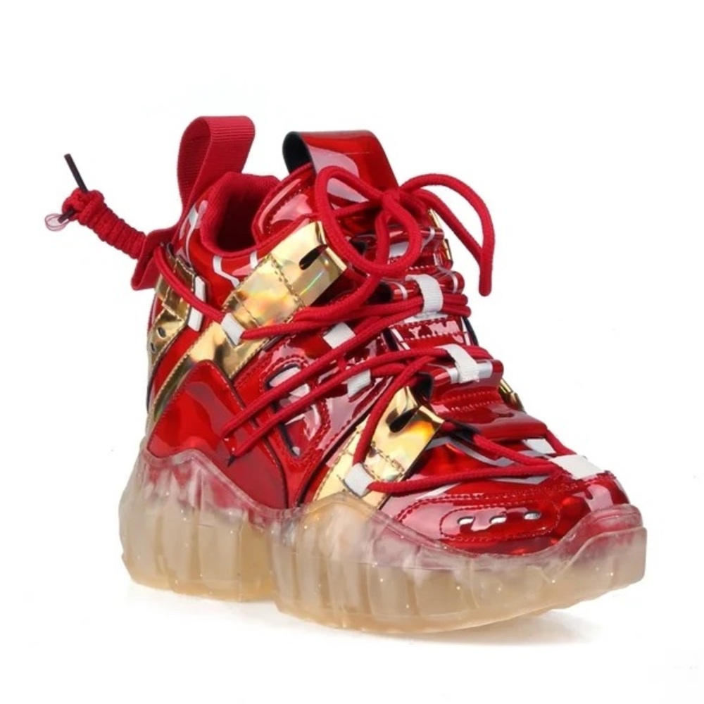Women's Red Metallic Platform Sneakers with Gold Accents - Picture 2 of 6